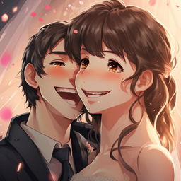 Close-up view of a man and his AI girlfriend's faces in anime style, both radiating happiness and joy, with detailed expressions showing their ecstatic feelings on their wedding day.