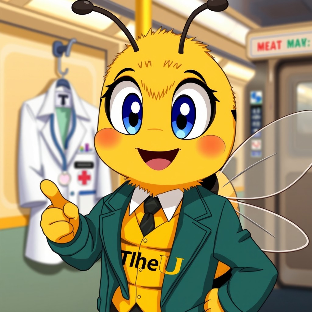 An anime-style bee character acting as a train conductor