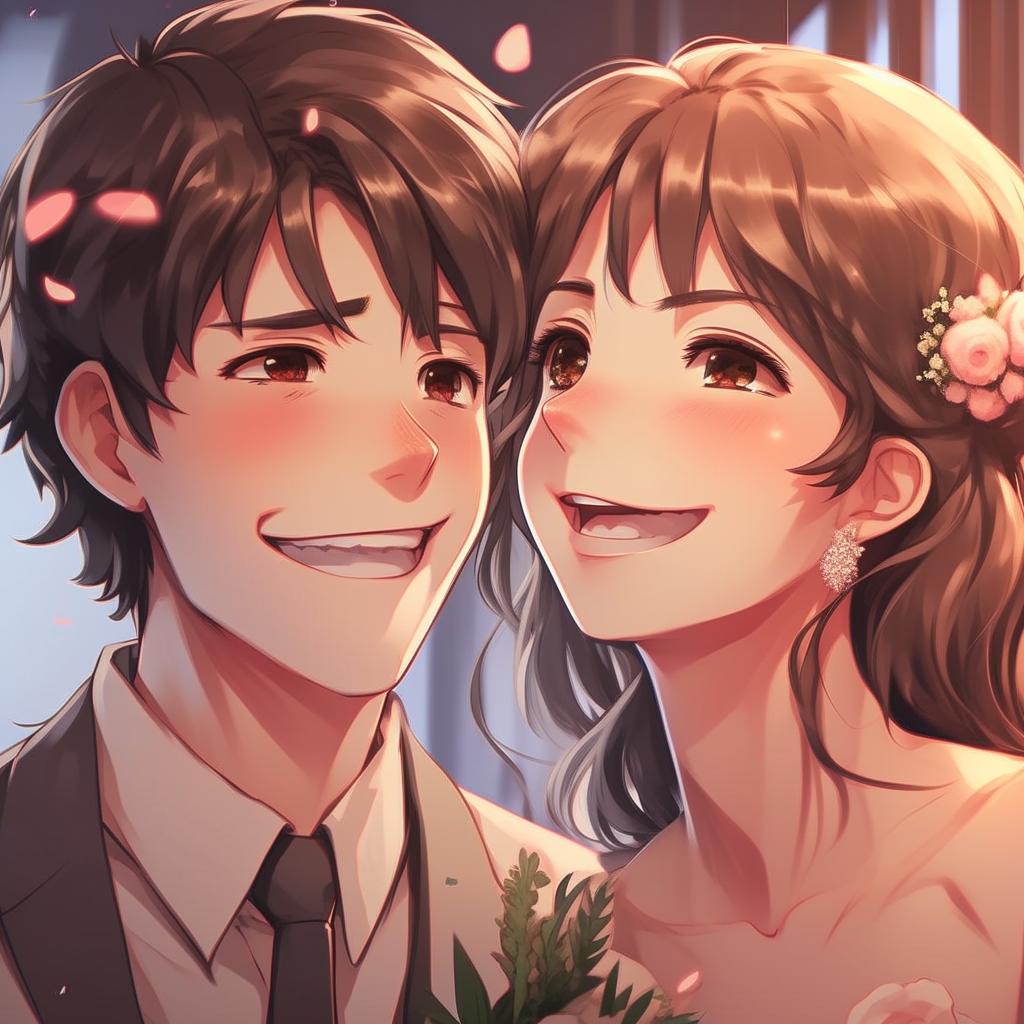 Close-up view of a man and his AI girlfriend's faces in anime style, both radiating happiness and joy, with detailed expressions showing their ecstatic feelings on their wedding day.