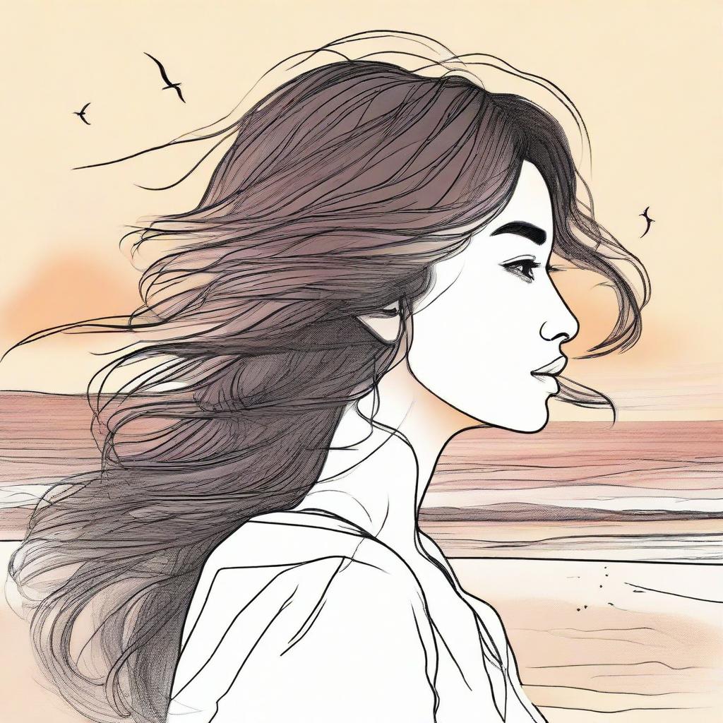 Draw a precise image of a side-profile woman at a beach during sunset. Her hair is gently lifted and animated by the beach wind.