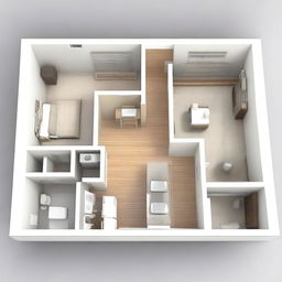 This is a high-quality 3D rendering of an apartment designed for one person, exhibiting a meticulous work plan