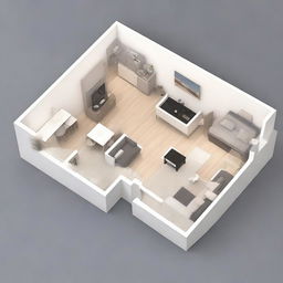 This is a high-quality 3D rendering of an apartment designed for one person, exhibiting a meticulous work plan