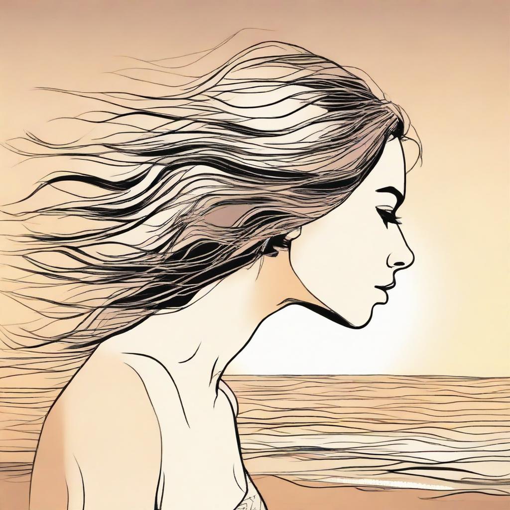 Draw a precise image of a side-profile woman at a beach during sunset. Her hair is gently lifted and animated by the beach wind.