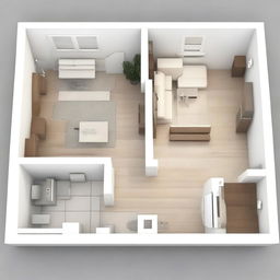 This is a high-quality 3D rendering of an apartment designed for one person, exhibiting a meticulous work plan