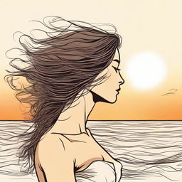 Draw a precise image of a side-profile woman at a beach during sunset. Her hair is gently lifted and animated by the beach wind.