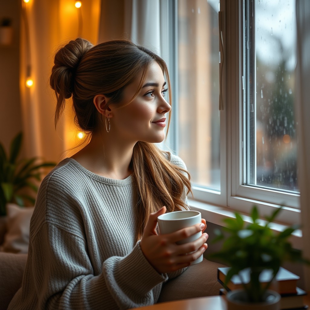 A beautiful woman with half of her long hair tied back, holding a coffee mug in her hand