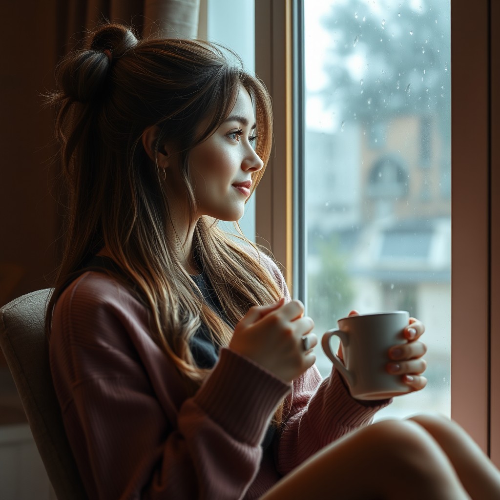 A beautiful woman with half her long hair tied up, sitting in a cozy room