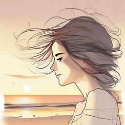 Draw a precise image of a side-profile woman at a beach during sunset. Her hair is gently lifted and animated by the beach wind.