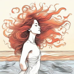 Create a detailed drawing of a side-profile woman on a beach during sunset. Her hair, depicted as fiery flames, dances and swirls in the wind.