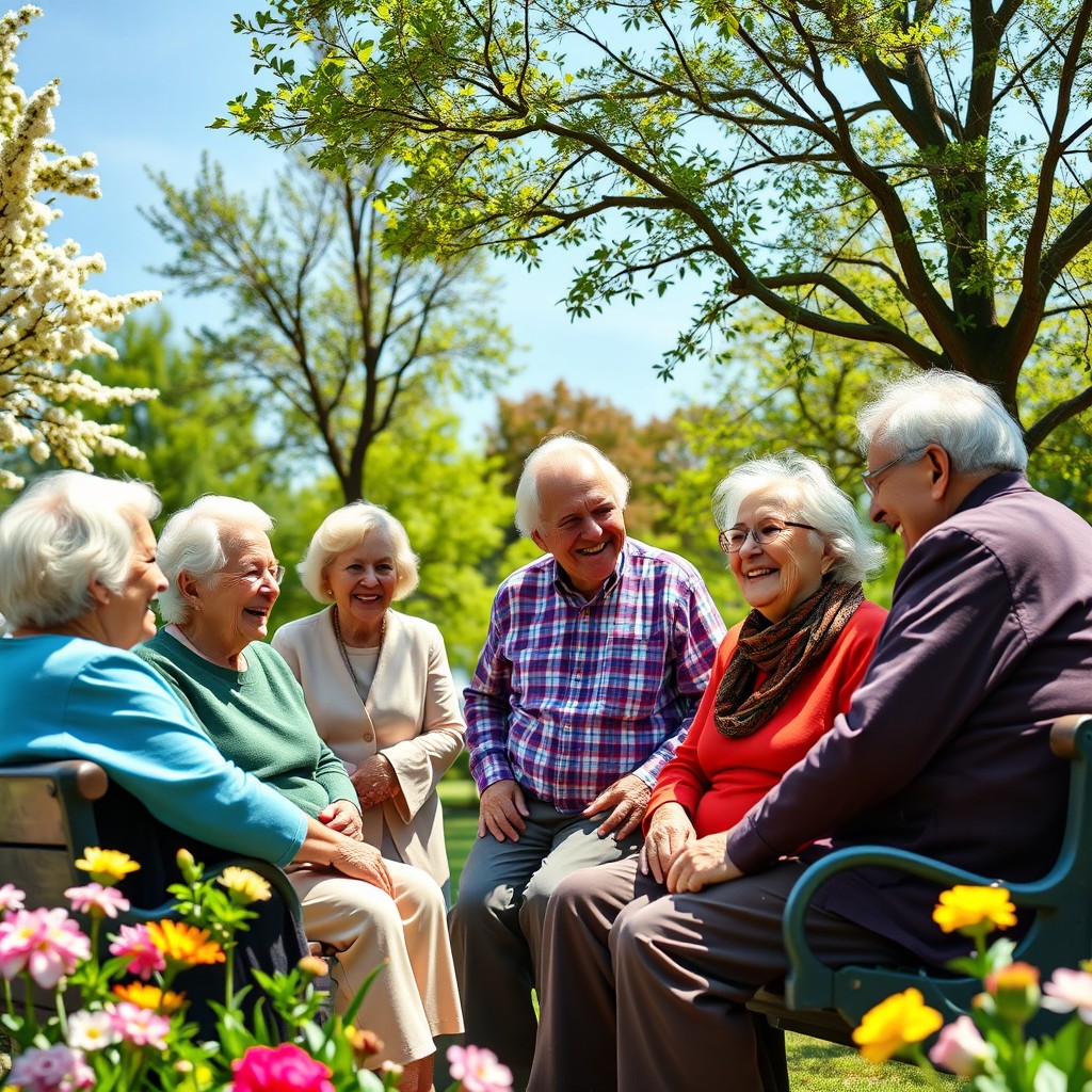 A warm and cheerful scene depicting a group of elderly people engaged in a lively conversation in a sunlit park