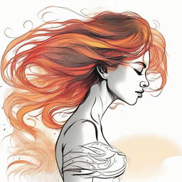 Create a detailed drawing of a side-profile woman on a beach during sunset. Her hair, depicted as fiery flames, dances and swirls in the wind.