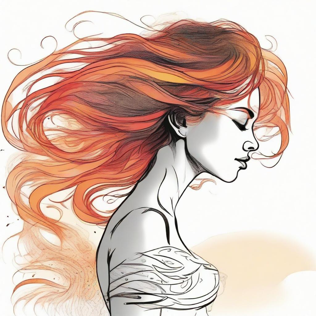 Create a detailed drawing of a side-profile woman on a beach during sunset. Her hair, depicted as fiery flames, dances and swirls in the wind.