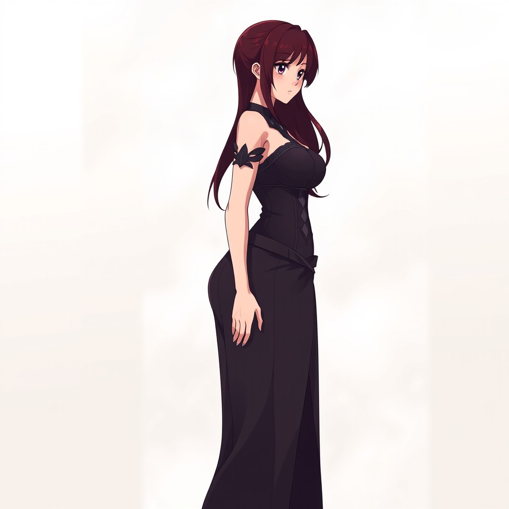 A stylized anime female character standing in a three-quarter pose, facing left