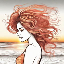 Create a detailed drawing of a side-profile woman on a beach during sunset. Her hair, depicted as fiery flames, dances and swirls in the wind.