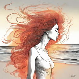 Create a detailed drawing of a side-profile woman on a beach during sunset. Her hair, depicted as fiery flames, dances and swirls in the wind.