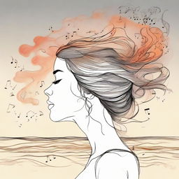 Sketch a detailed drawing of a side-profile woman at a beach during sunset. Her hair, illustrated as fiery flames, is stirred by the wind, while a cloud filled with musical notes floats nearby.