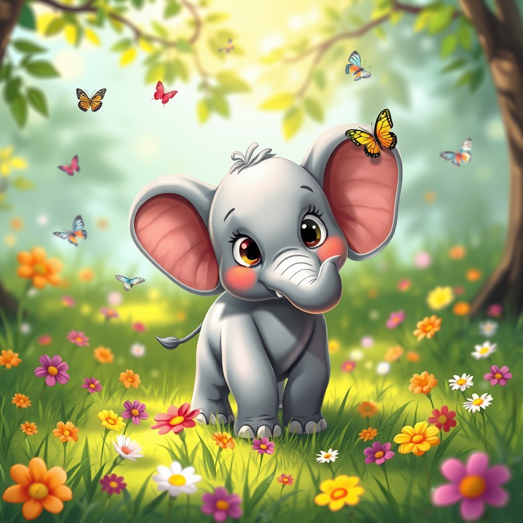 A cute, miniature elephant standing in a lush green meadow, surrounded by colorful flowers and butterflies fluttering around
