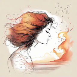 Sketch a detailed drawing of a side-profile woman at a beach during sunset. Her hair, illustrated as fiery flames, is stirred by the wind, while a cloud filled with musical notes floats nearby.