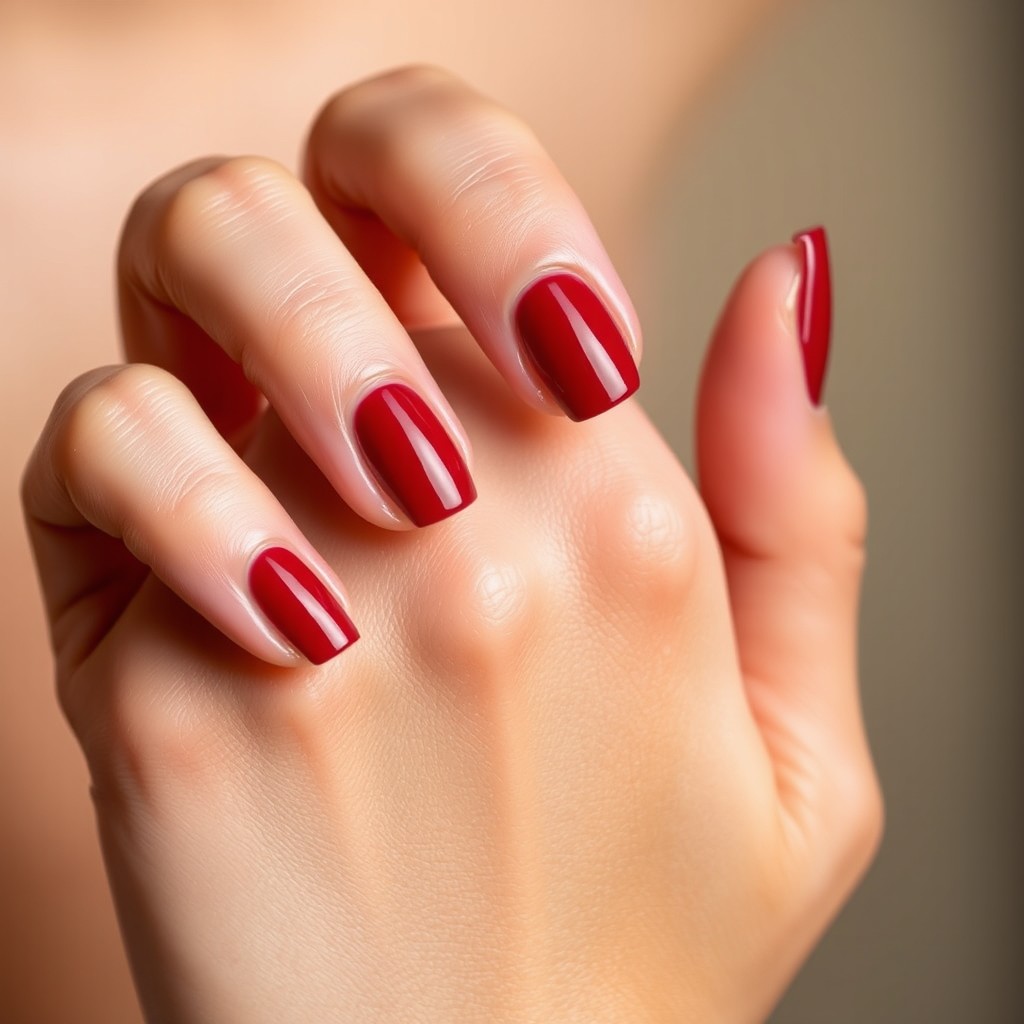 A close-up of a woman's hand with a beautiful auburn nail polish, elegantly manicured nails shining in the light