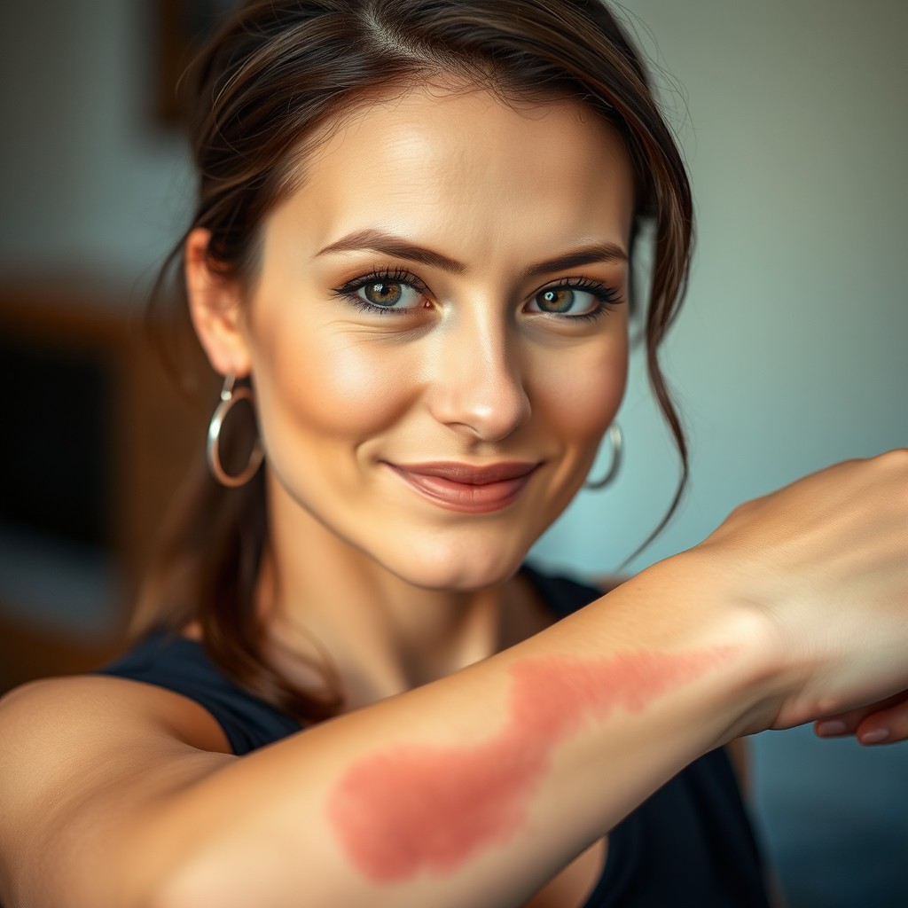 A portrait of a woman with a visible burn on her arm, expressing resilience and strength