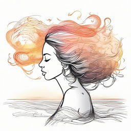 Sketch a detailed drawing of a side-profile woman at a beach during sunset. Her hair, illustrated as fiery flames, is stirred by the wind, while a cloud filled with musical notes floats nearby.