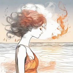 Sketch a detailed drawing of a side-profile woman at a beach during sunset. Her hair, illustrated as fiery flames, is stirred by the wind, while a cloud filled with musical notes floats nearby.