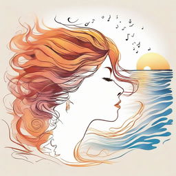 Create an imaginative drawing of a side-profile woman, basking in a beach sunset. Her hair, in the form of flames, is ruffled by the wind. The sea features musical notes rippling with the waves.