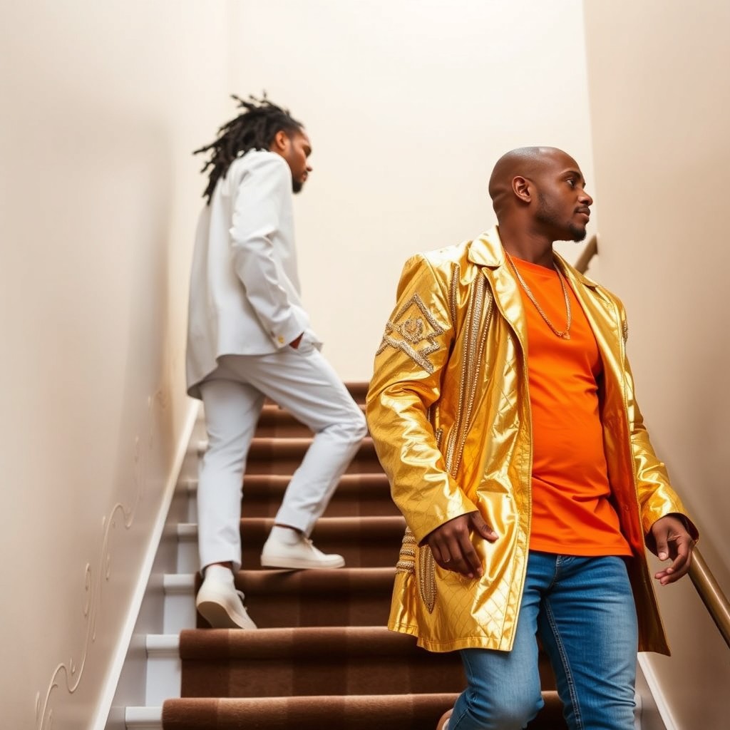 A profile view of two men climbing a staircase