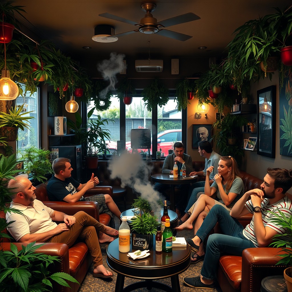 A cozy marijuana coffee shop in Amsterdam, featuring a warm and inviting interior filled with plants and soft lighting