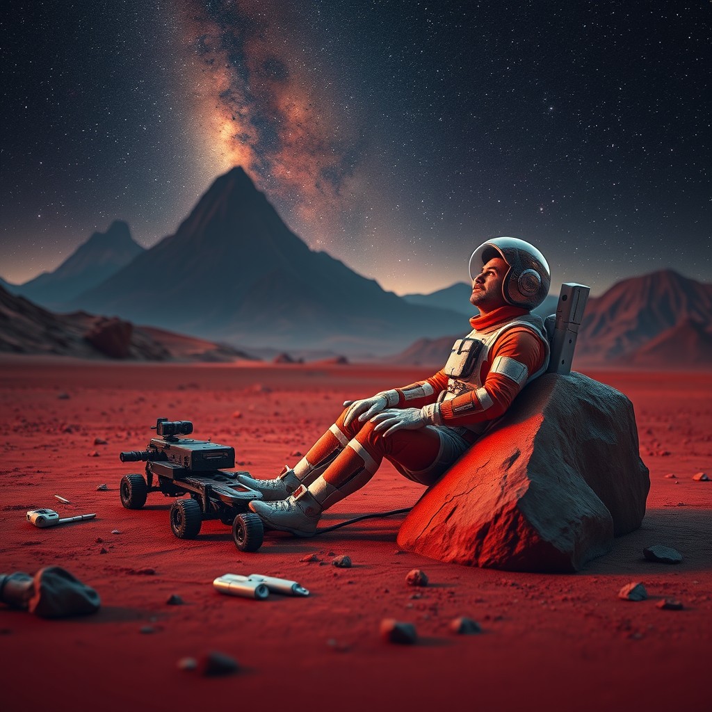 A surreal scene depicting a man sitting on the red surface of Mars, gazing into the vast, starry cosmos
