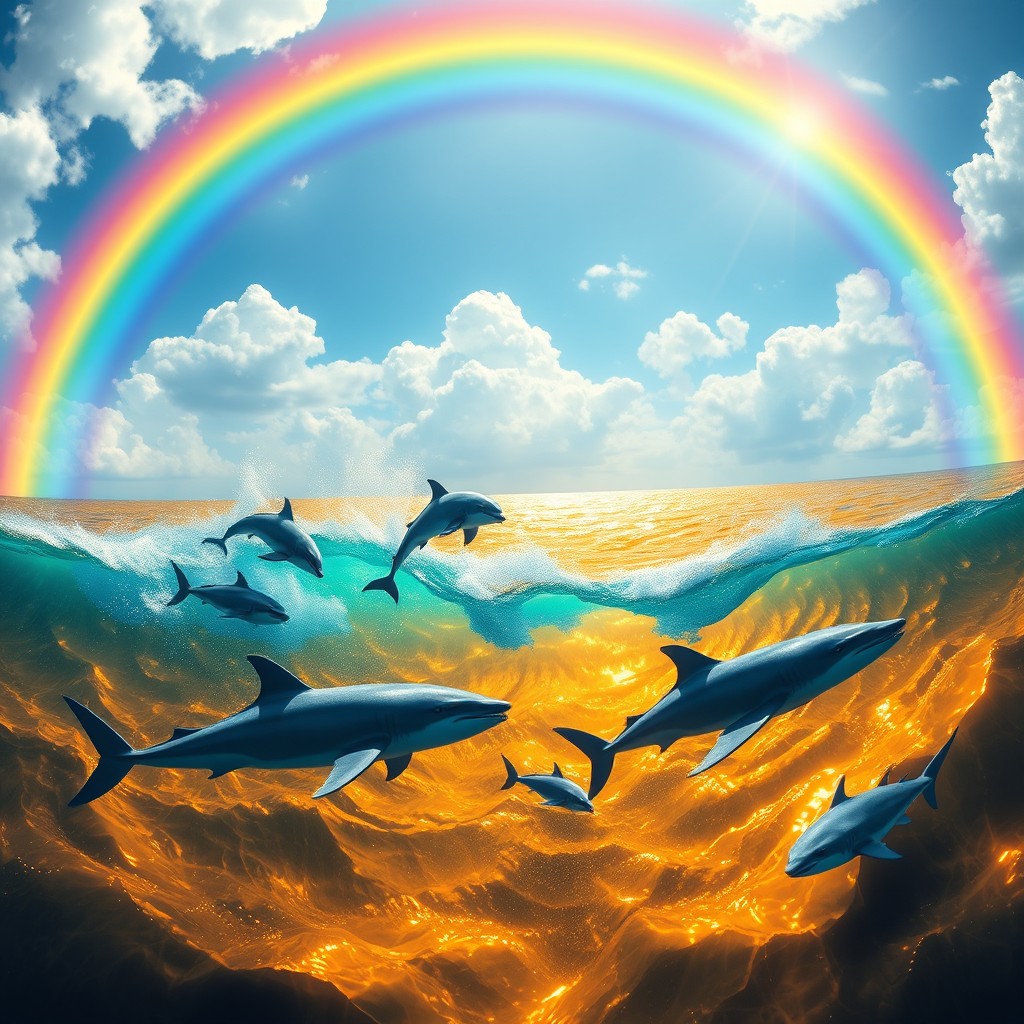 A vibrant rainbow arching over an ocean of shimmering gold, with playful dolphins leaping through the waves, sleek sharks gliding underneath, and majestic whales surfacing gracefully
