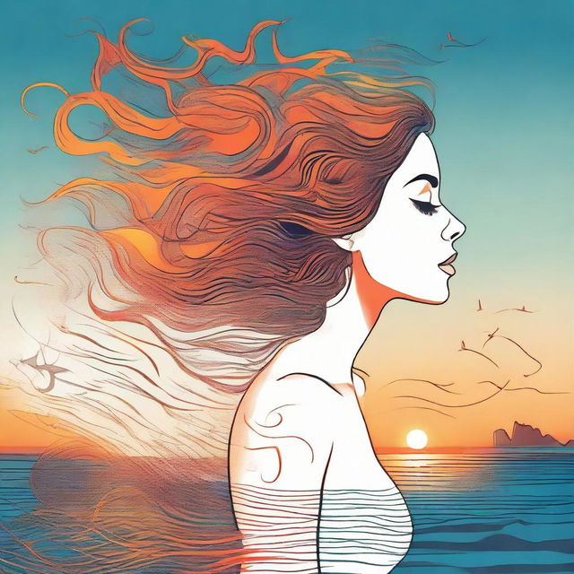 Create an imaginative drawing of a side-profile woman, basking in a beach sunset. Her hair, in the form of flames, is ruffled by the wind. The sea features musical notes rippling with the waves.