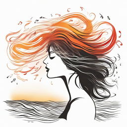 Create an imaginative drawing of a side-profile woman, basking in a beach sunset. Her hair, in the form of flames, is ruffled by the wind. The sea features musical notes rippling with the waves.