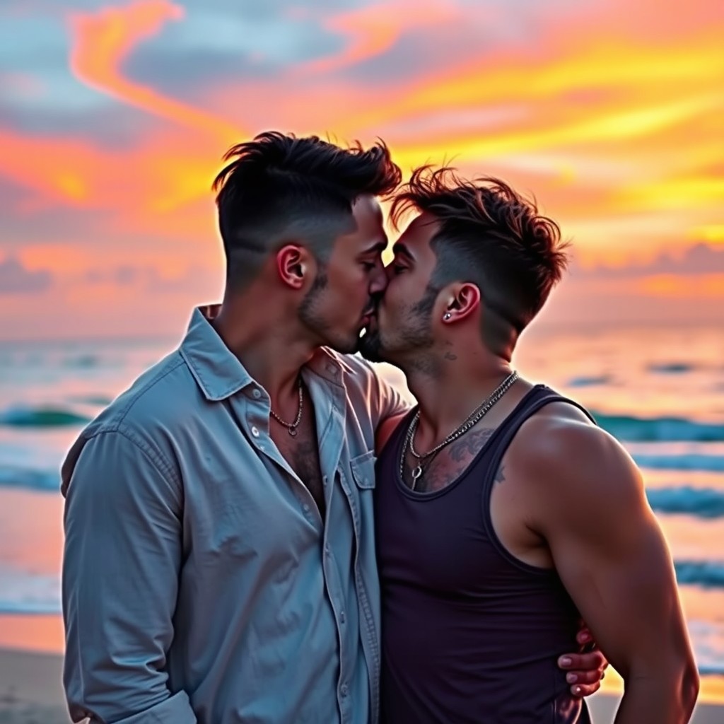 A romantic scene depicting two men passionately kissing, surrounded by a beautiful sunset
