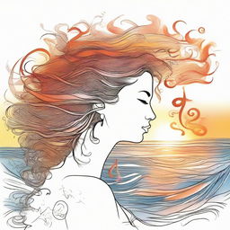 Create an imaginative drawing of a side-profile woman, basking in a beach sunset. Her hair, in the form of flames, is ruffled by the wind. The sea features musical notes rippling with the waves.