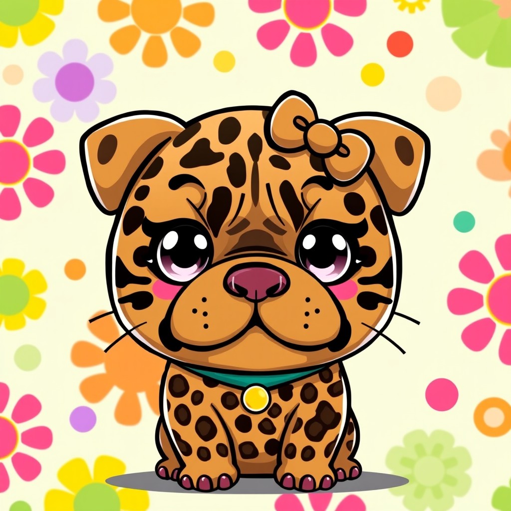 A cute baddie dog designed similarly to Hello Kitty, featuring distinctive leopard print skin and characteristics of a Shar Pei