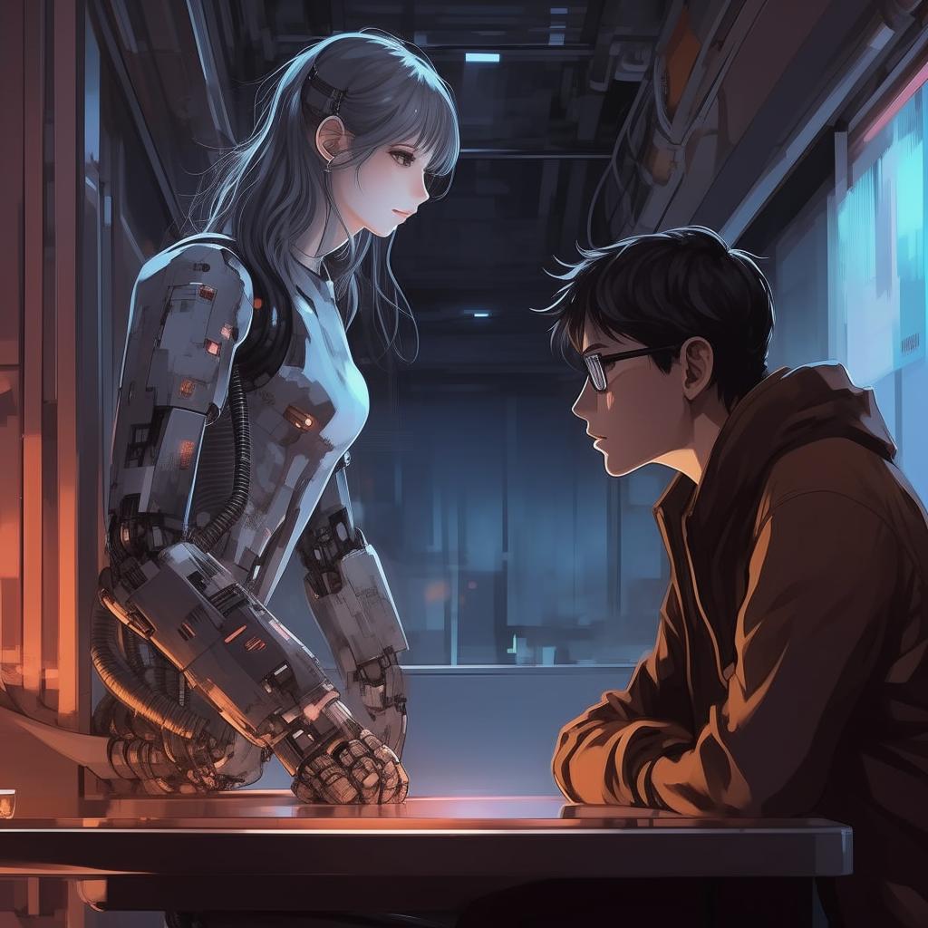 An anime-style clandestine meeting between a man and his AI mistress, in a location where they're unlikely to be discovered, pulling off expressions of accomplishment and thrill.