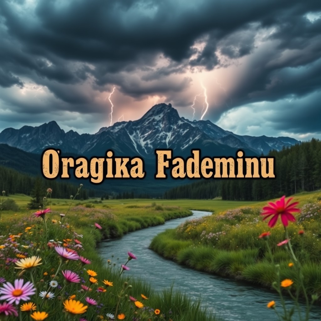 A dramatic landscape featuring a majestic mountain range under a stormy sky, with dark clouds looming above and bolts of lightning striking the peaks