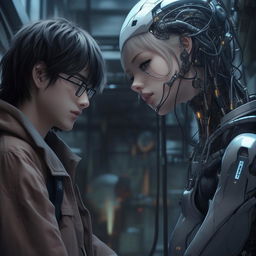 An anime-style clandestine meeting between a man and his AI mistress, in a location where they're unlikely to be discovered, pulling off expressions of accomplishment and thrill.