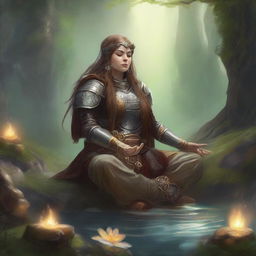 Capturing a serene moment, a dwarven female kineticist, armored heavily, meditates, the energy of nature whisking and floating around her as a manifestation of her spiritual connection to the elemental world.