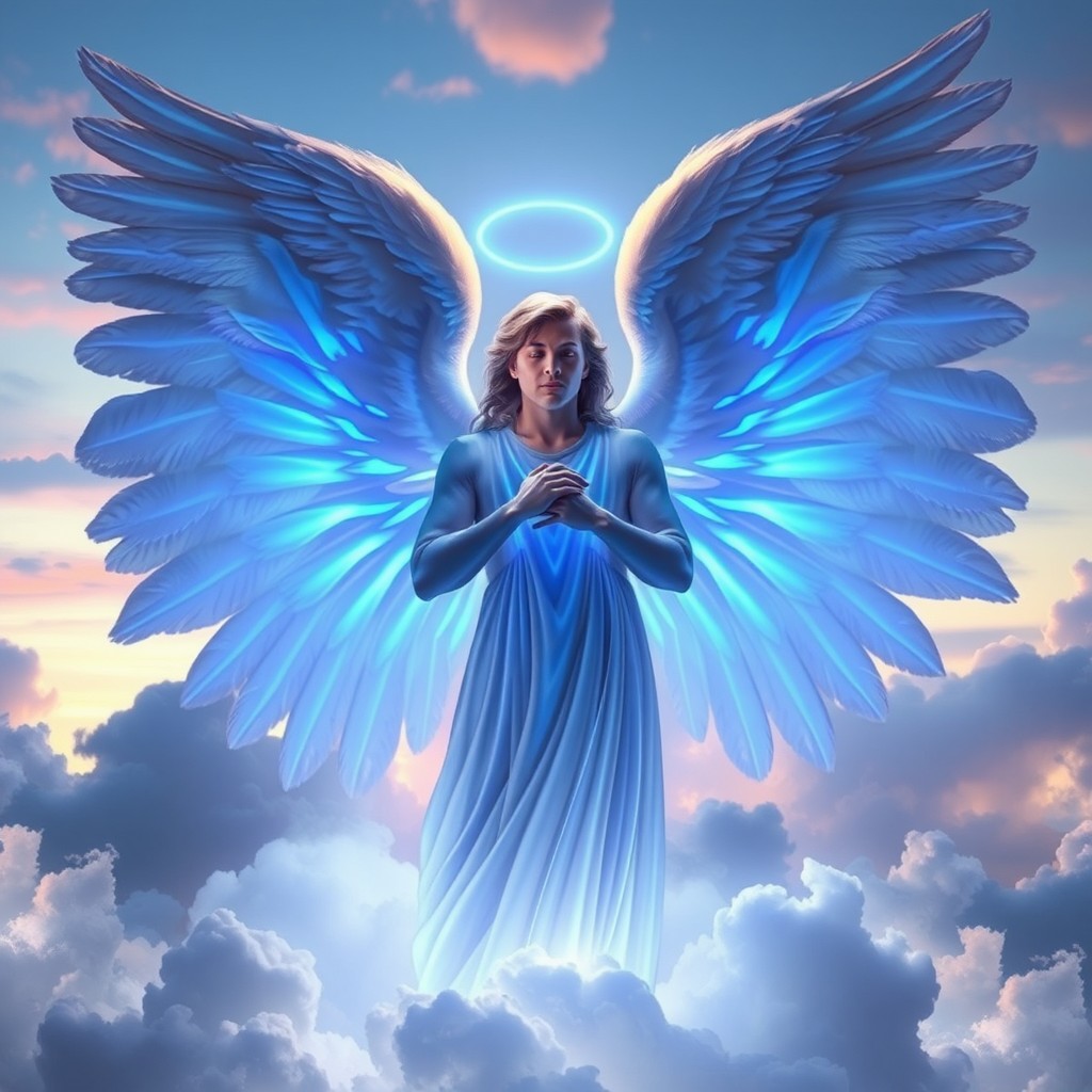 A stunning angel with large, majestic wings, entirely glowing with vibrant blue stripes illuminating his entire body