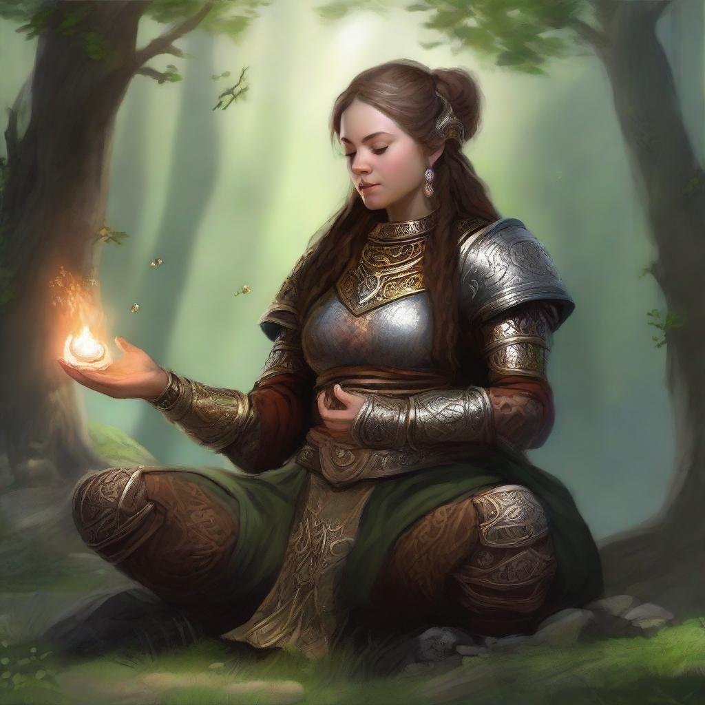 Capturing a serene moment, a dwarven female kineticist, armored heavily, meditates, the energy of nature whisking and floating around her as a manifestation of her spiritual connection to the elemental world.