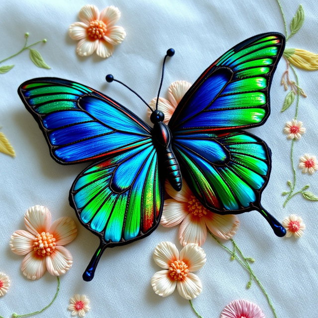 A beautifully embroidered Morpho butterfly, showcasing vibrant blue and iridescent green wings with intricate stitching details