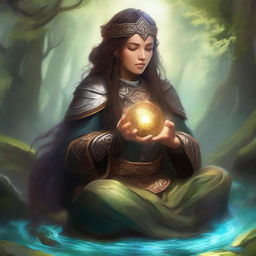 Capturing a serene moment, a dwarven female kineticist, armored heavily, meditates, the energy of nature whisking and floating around her as a manifestation of her spiritual connection to the elemental world.