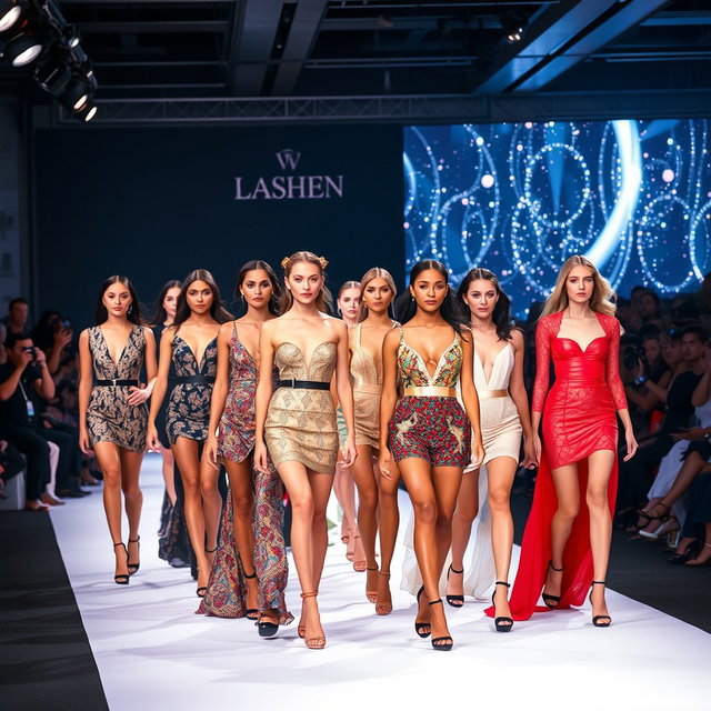 A group of stunning fashion models showcasing a variety of high-end outfits at a glamorous runway show, radiating confidence and style