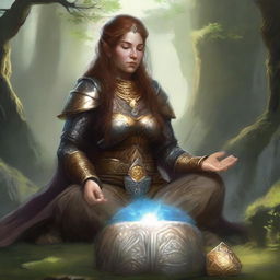 Capturing a serene moment, a dwarven female kineticist, armored heavily, meditates, the energy of nature whisking and floating around her as a manifestation of her spiritual connection to the elemental world.