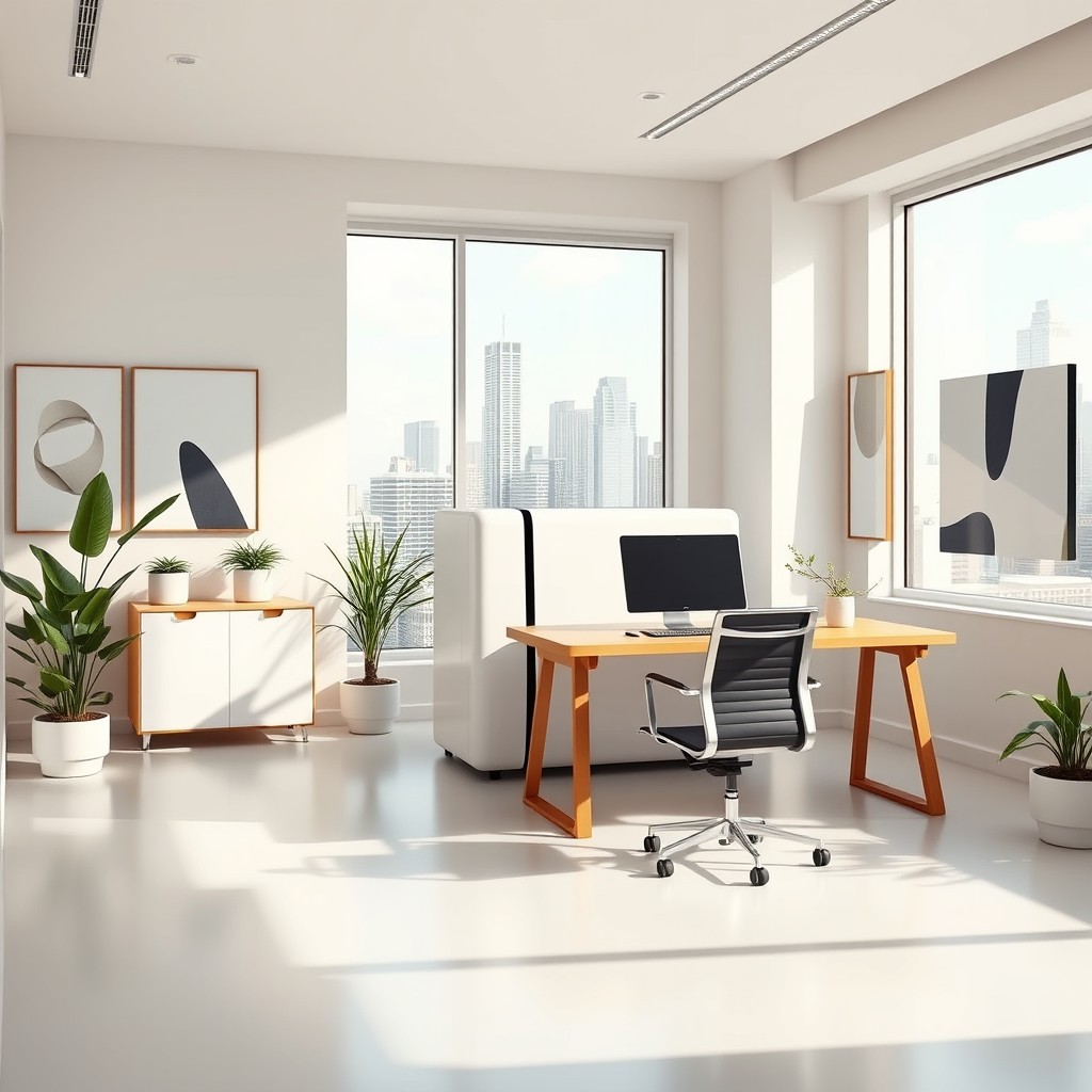 A modern office space designed with a sleek white machine as a central focus