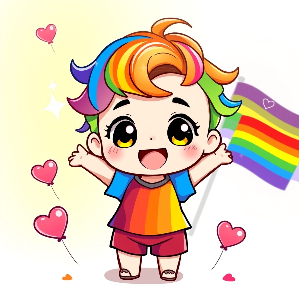 A cute chibi character in a joyful pose celebrating LGBTQ+ pride