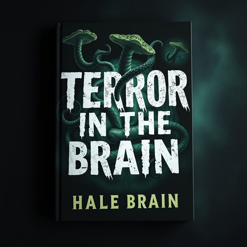 A book cover design featuring a dark, eerie theme that illustrates the concept of terror in the brain, with ominous fungal growths resembling tentacles spreading across a surreal representation of a human brain