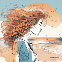 Design a detailed drawing of a side-profile woman on a beach at sunset. Her flame-like hair sways in the wind, musical notes float on the sea's surface, and a nearby billboard reads 'sentidos'.